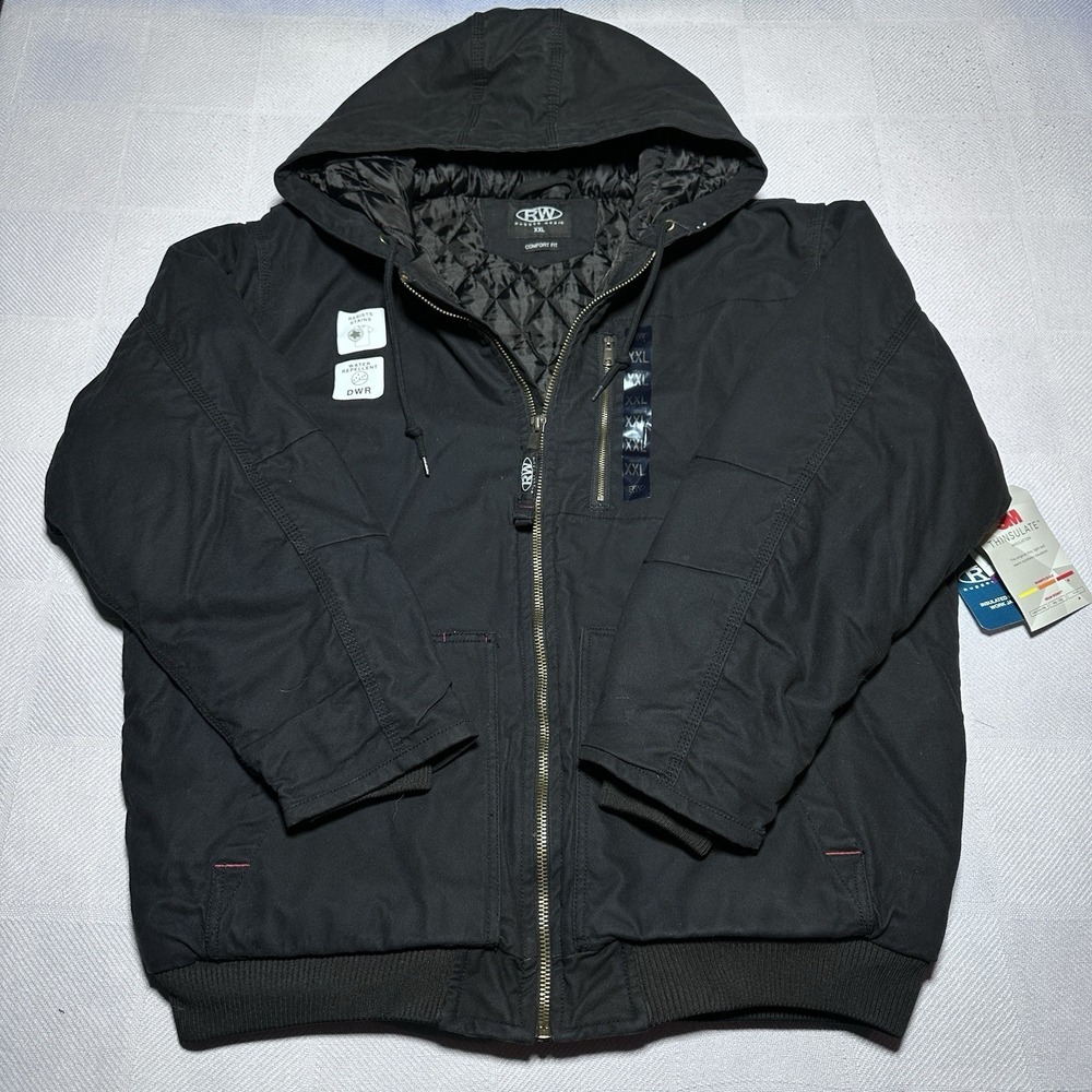 NEW Rugged Wear RW Canvas Work Jacket Mens 2XL Black 3M Insulated Hooded Comfort